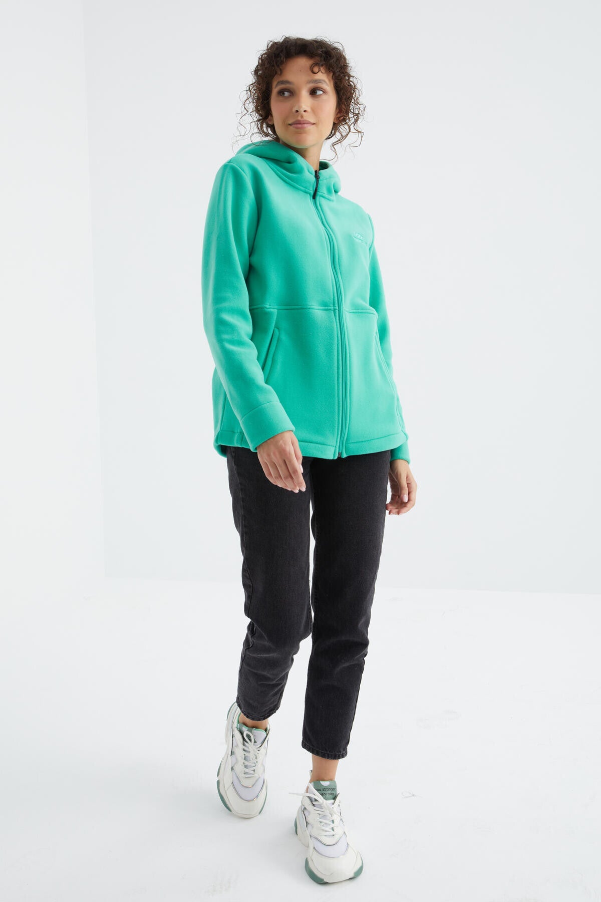 Deniz Yeşili Kapüşonlu Fermuarlı Rahat Form Kadın Polar Sweatshirt - 97233