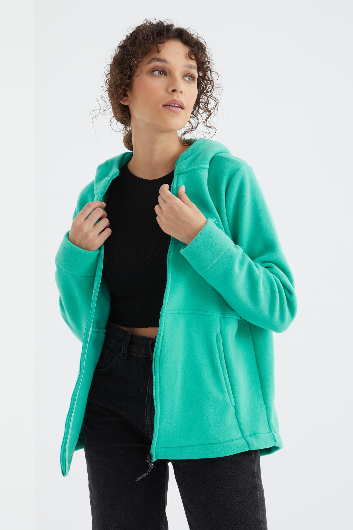 Deniz Yeşili Kapüşonlu Fermuarlı Rahat Form Kadın Polar Sweatshirt - 97233