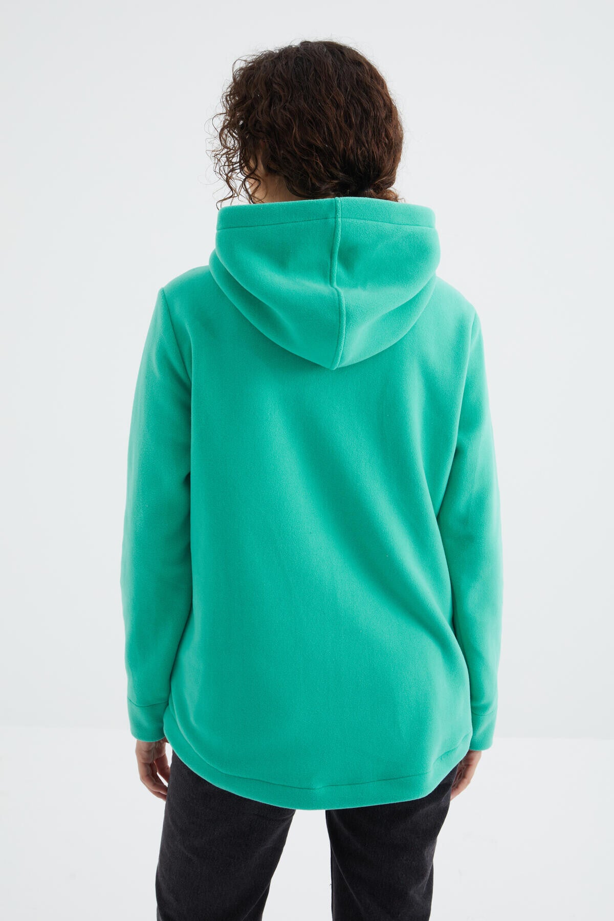 Deniz Yeşili Kapüşonlu Fermuarlı Rahat Form Kadın Polar Sweatshirt - 97233