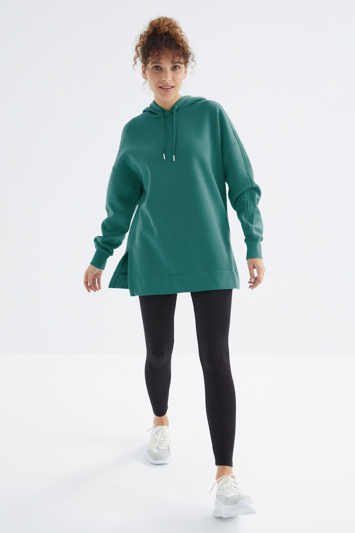 Deniz Yeşili Reglan Kol Basic Kapüşonlu Oversize Sweatshirt Tunik - 97242