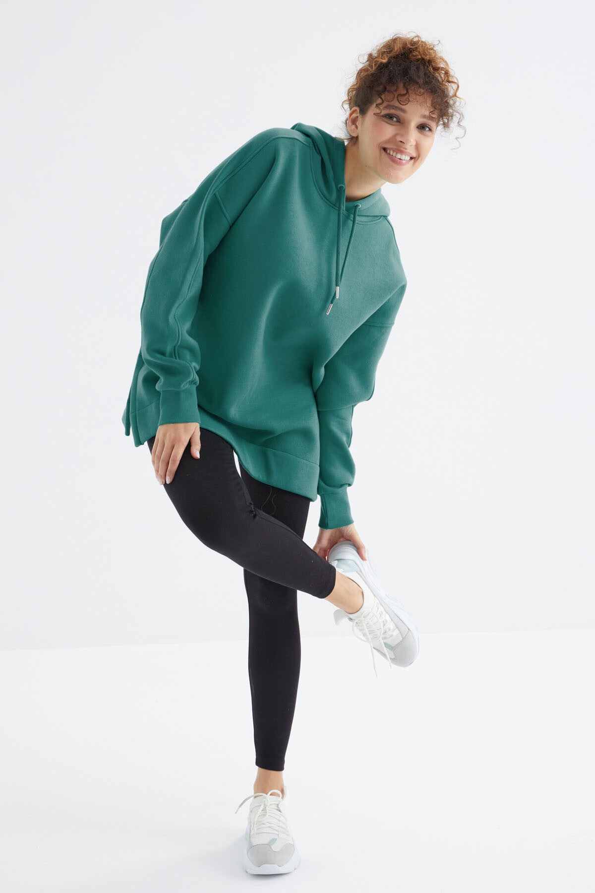 Deniz Yeşili Reglan Kol Basic Kapüşonlu Oversize Sweatshirt Tunik - 97242