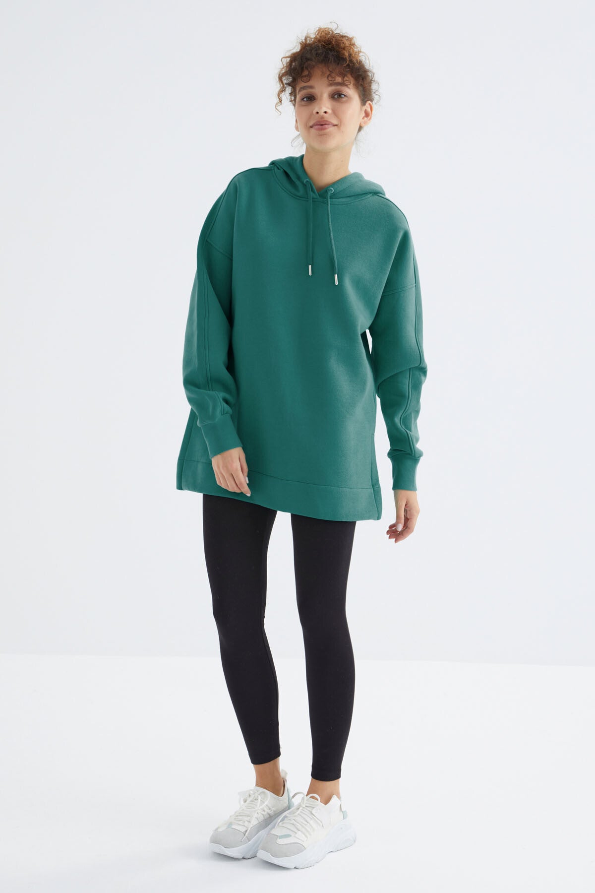 Deniz Yeşili Reglan Kol Basic Kapüşonlu Oversize Sweatshirt Tunik - 97242