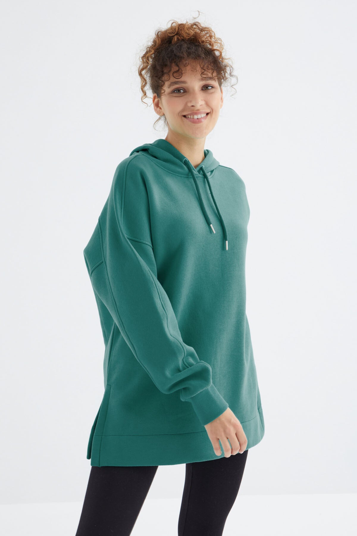 Deniz Yeşili Reglan Kol Basic Kapüşonlu Oversize Sweatshirt Tunik - 97242
