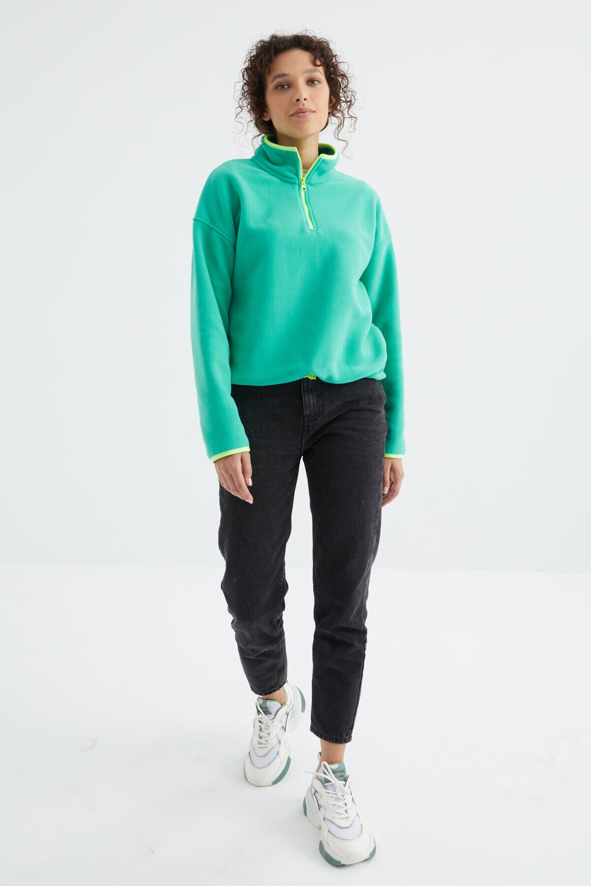 Deniz Yeşili Yarım Fermuar Etek Ucu Büzgülü Dik Yaka Oversize Kadın Polar Sweatshirt - 97234