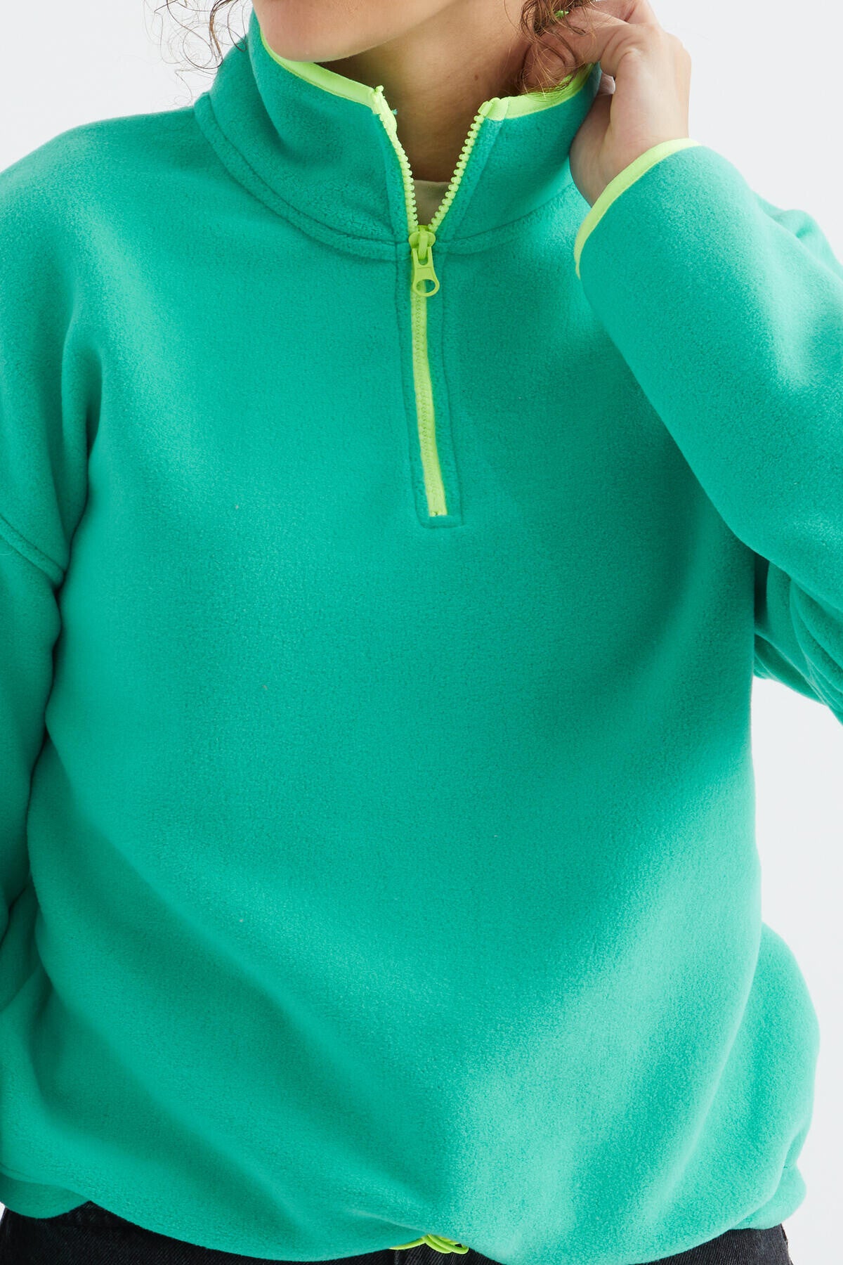 Deniz Yeşili Yarım Fermuar Etek Ucu Büzgülü Dik Yaka Oversize Kadın Polar Sweatshirt - 97234