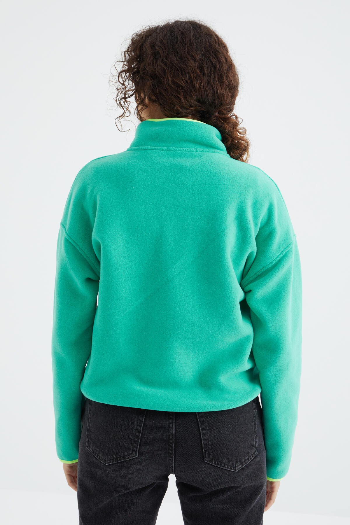 Deniz Yeşili Yarım Fermuar Etek Ucu Büzgülü Dik Yaka Oversize Kadın Polar Sweatshirt - 97234