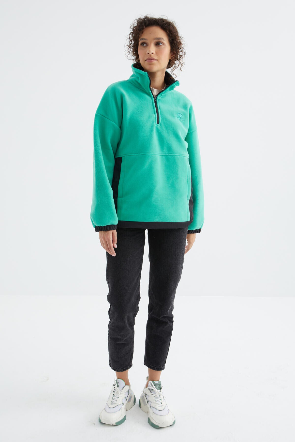 Deniz Yeşili Yarım Fermuar Etek Ucu Büzgülü Dik Yaka Oversize Kadın Polar Sweatshirt - 97236