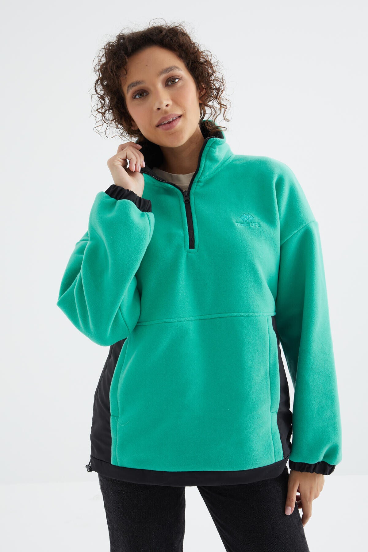 Deniz Yeşili Yarım Fermuar Etek Ucu Büzgülü Dik Yaka Oversize Kadın Polar Sweatshirt - 97236