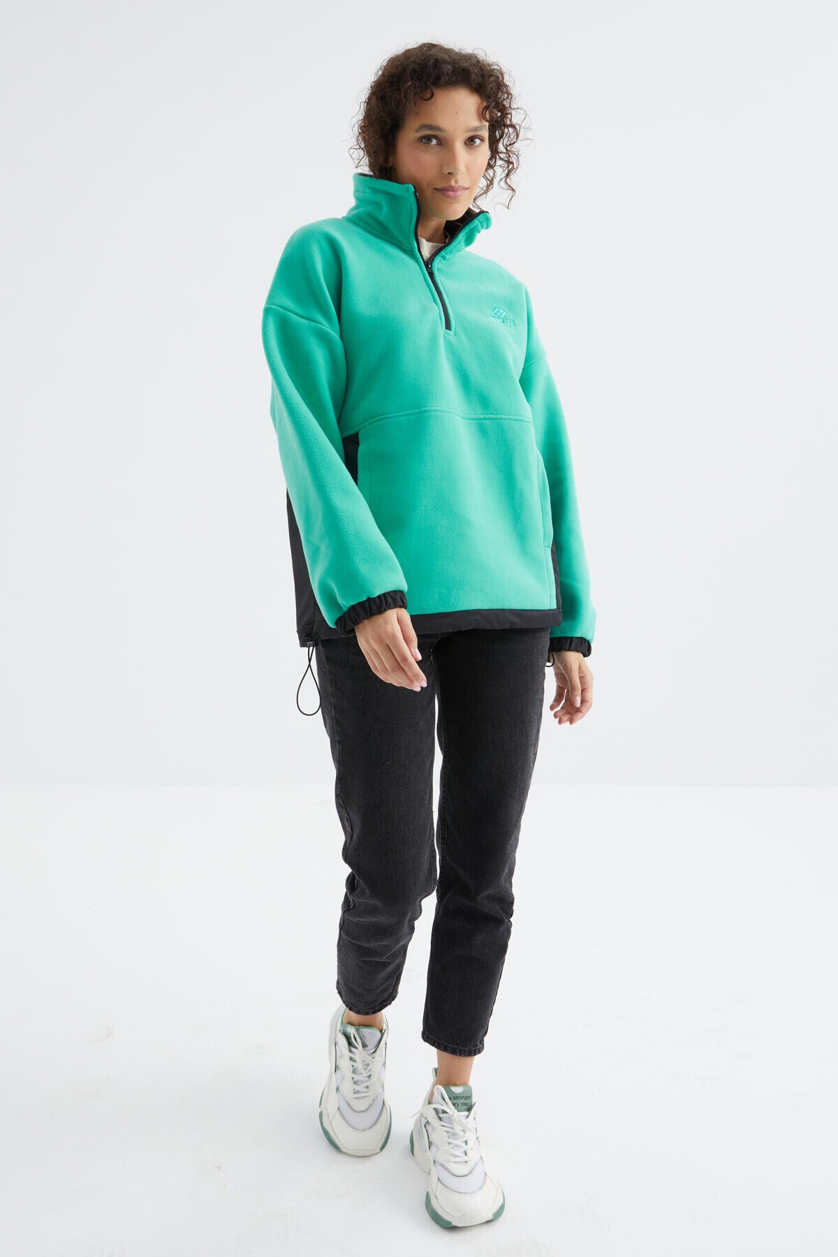 Deniz Yeşili Yarım Fermuar Etek Ucu Büzgülü Dik Yaka Oversize Kadın Polar Sweatshirt - 97236