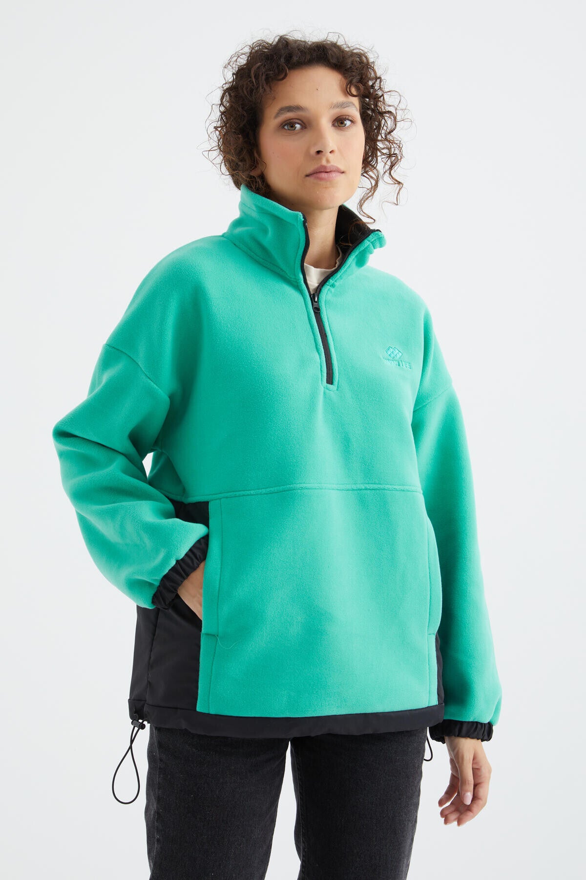 Deniz Yeşili Yarım Fermuar Etek Ucu Büzgülü Dik Yaka Oversize Kadın Polar Sweatshirt - 97236