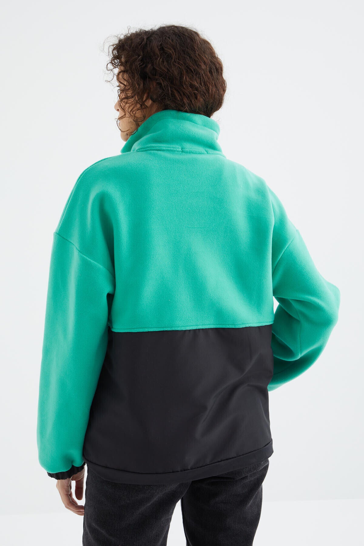 Deniz Yeşili Yarım Fermuar Etek Ucu Büzgülü Dik Yaka Oversize Kadın Polar Sweatshirt - 97236