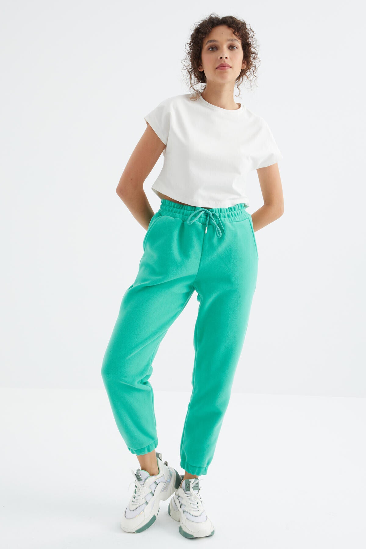 Deniz Yeşili Yüksek Bel Basic Bağcıklı Jogger Polar Kadın Eşofman Alt - 94622
