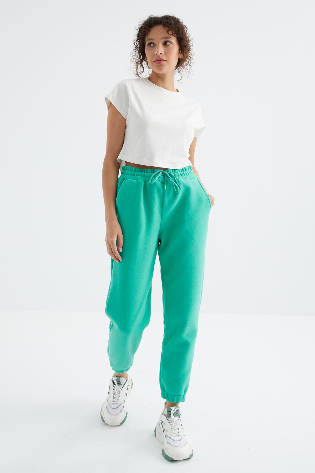 Deniz Yeşili Yüksek Bel Basic Bağcıklı Jogger Polar Kadın Eşofman Alt - 94622