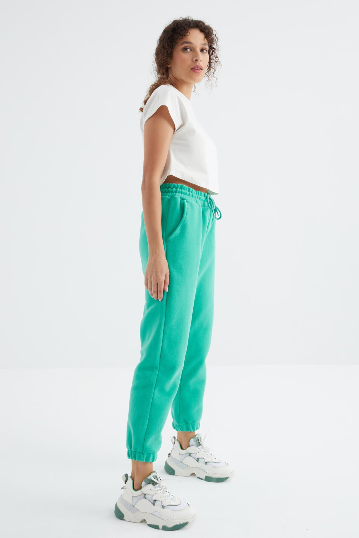 Deniz Yeşili Yüksek Bel Basic Bağcıklı Jogger Polar Kadın Eşofman Alt - 94622