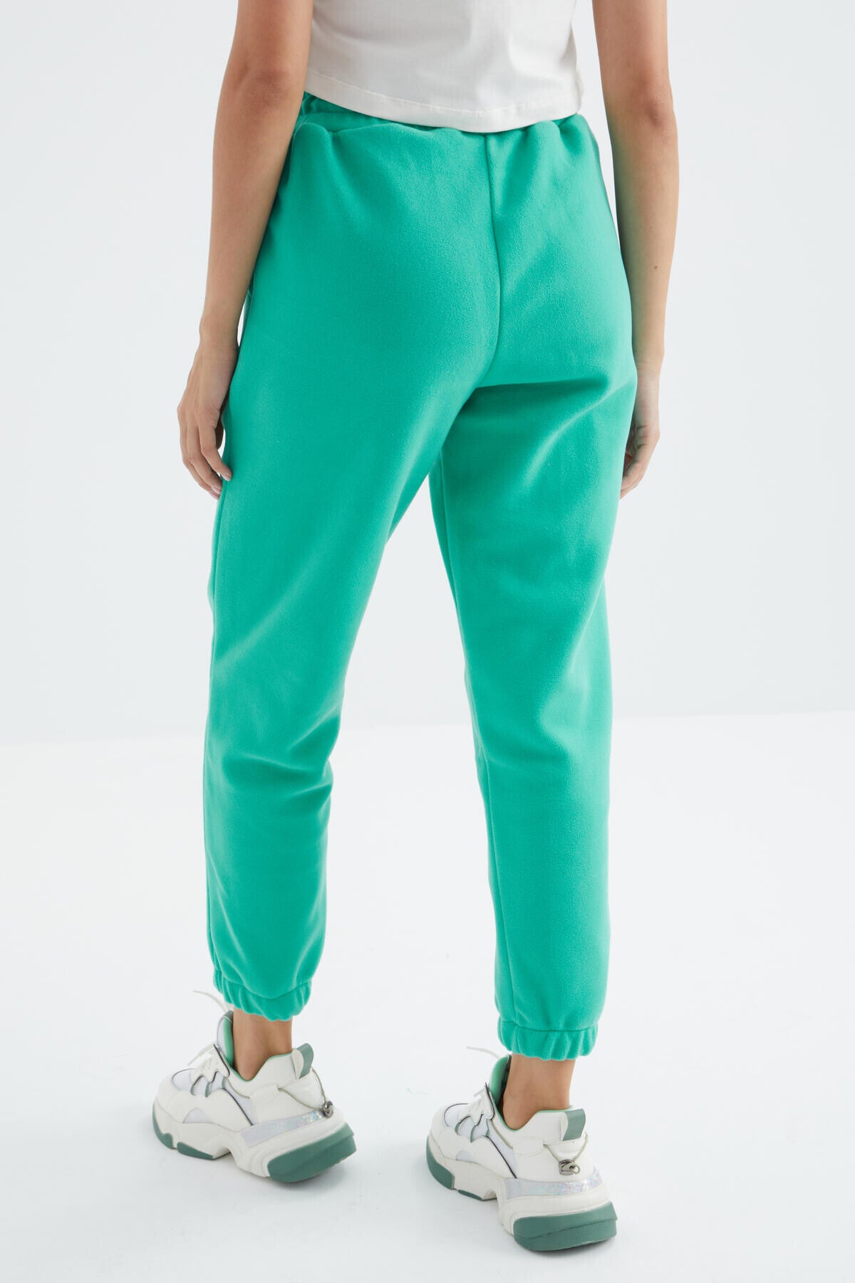 Deniz Yeşili Yüksek Bel Basic Bağcıklı Jogger Polar Kadın Eşofman Alt - 94622
