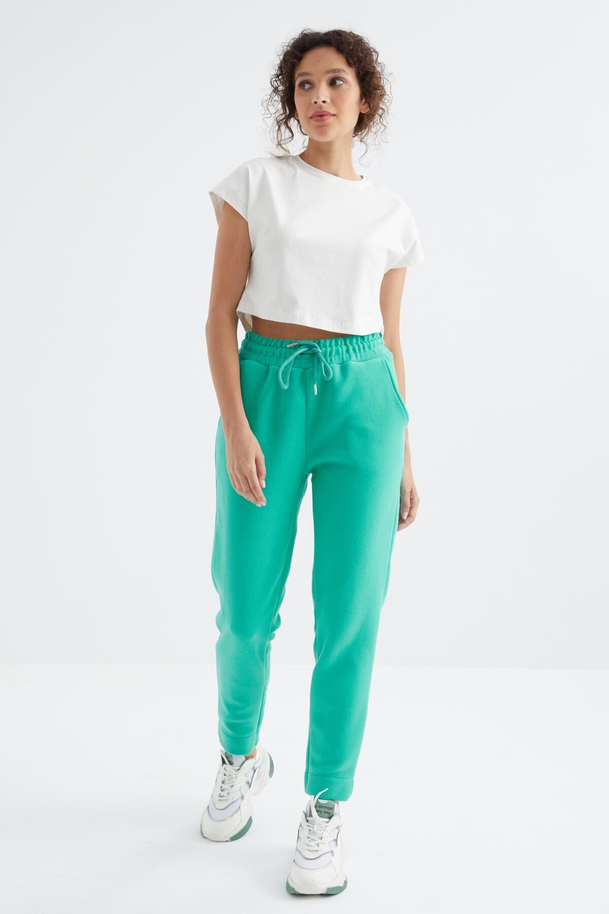 Deniz Yeşili Yüksek Bel Rahat Form Geniş Paça Cepli Kadın Polar Eşofman Alt - 94623