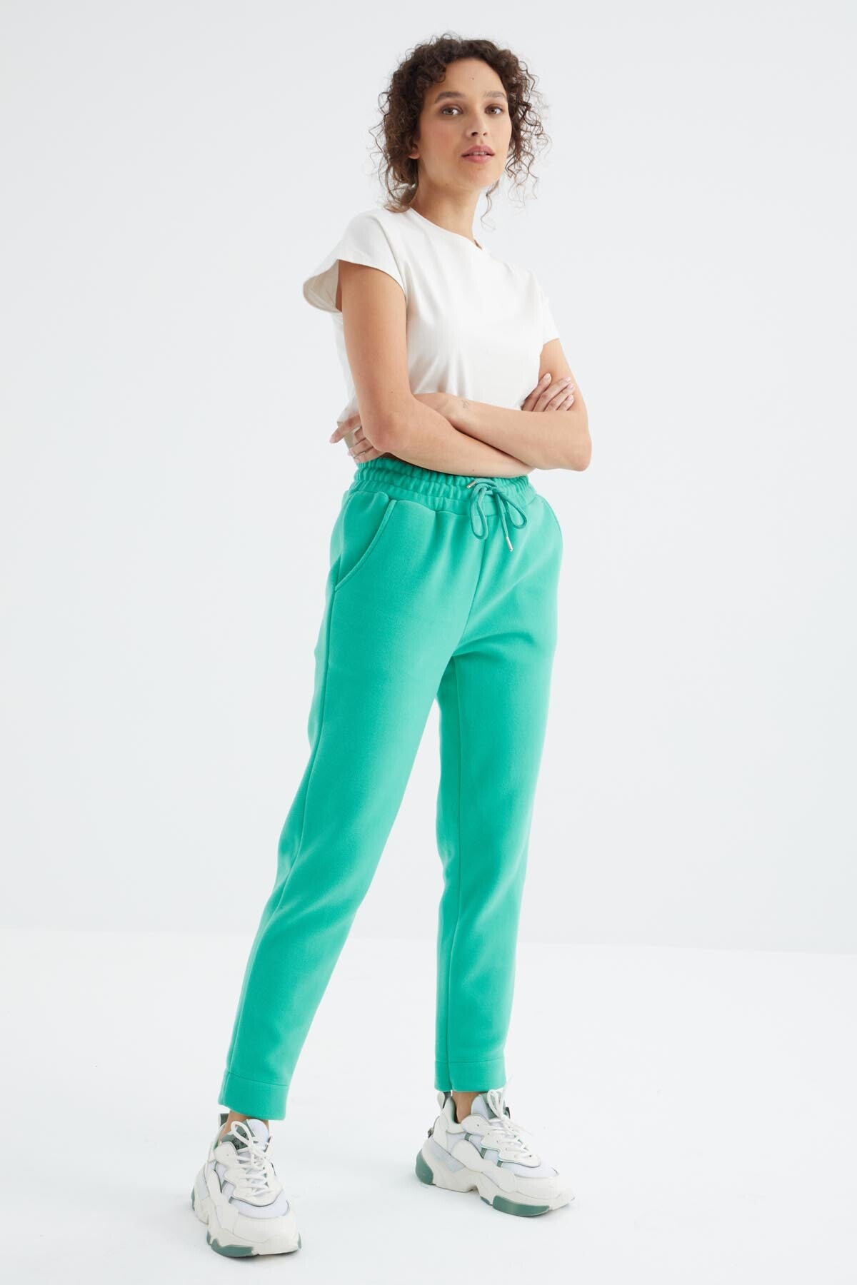 Deniz Yeşili Yüksek Bel Rahat Form Geniş Paça Cepli Kadın Polar Eşofman Alt - 94623