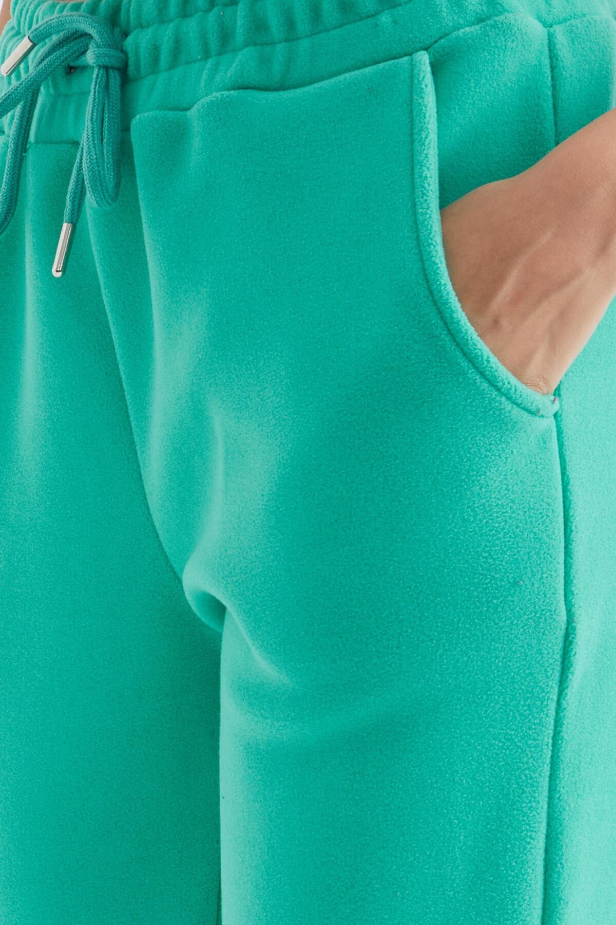 Deniz Yeşili Yüksek Bel Rahat Form Geniş Paça Cepli Kadın Polar Eşofman Alt - 94623