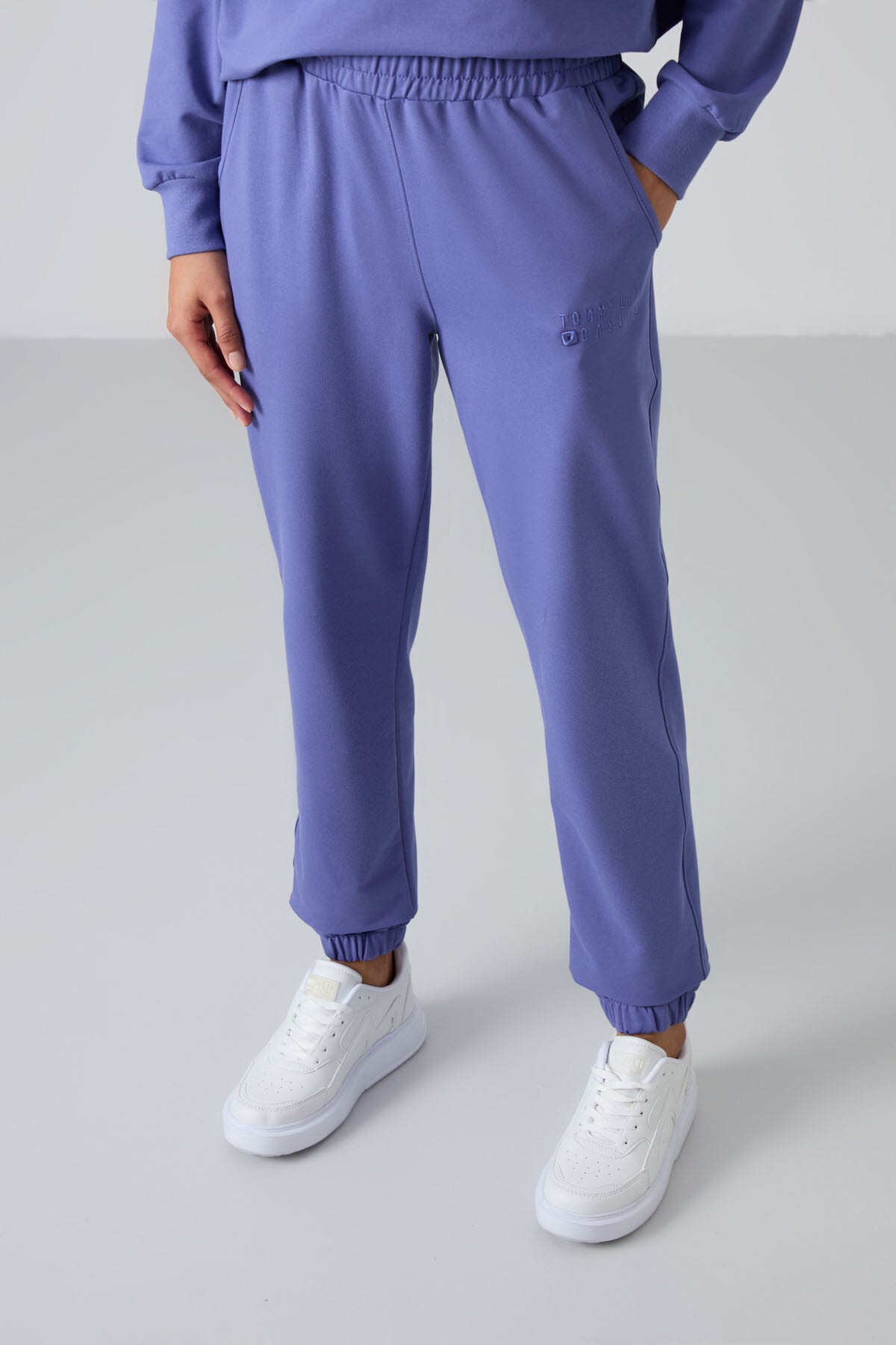 Eflatun Basic Pamuklu O Yaka Oversize Lastik Paça Kadın Eşofman Takım - 95287