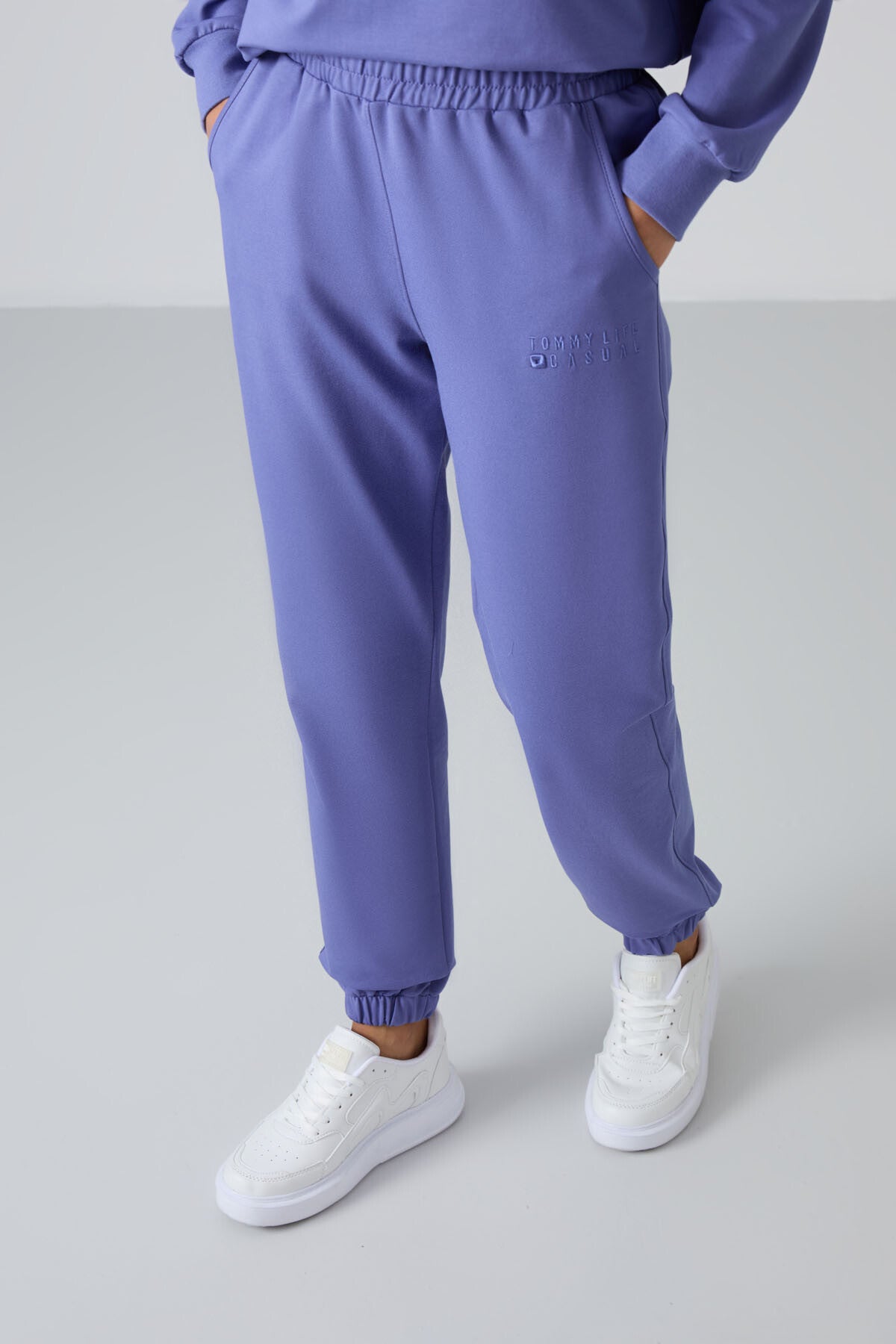 Eflatun Basic Pamuklu O Yaka Oversize Lastik Paça Kadın Eşofman Takım - 95287