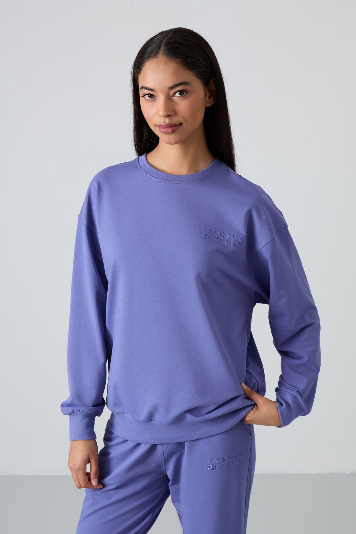 Eflatun Basic Pamuklu O Yaka Oversize Lastik Paça Kadın Eşofman Takım - 95287