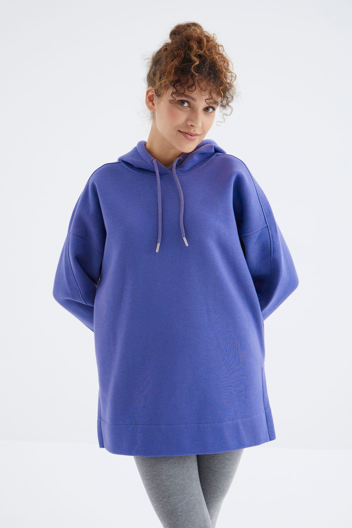 Eflatun Reglan Kol Basic Kapüşonlu Oversize Sweatshirt Tunik - 97242