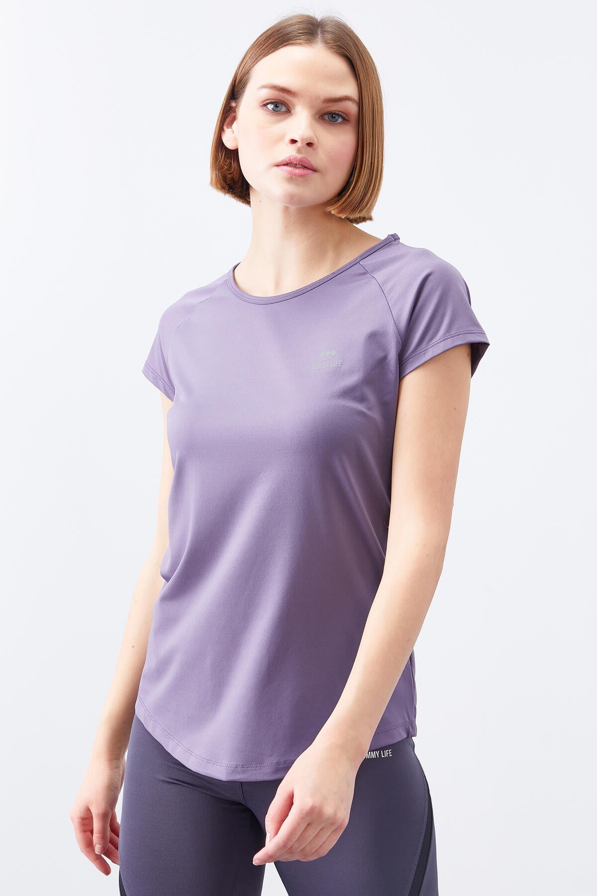 Eflatun Sırt Pencereli Kısa Kol Standart Kalıp O Yaka Kadın T-Shirt - 97101