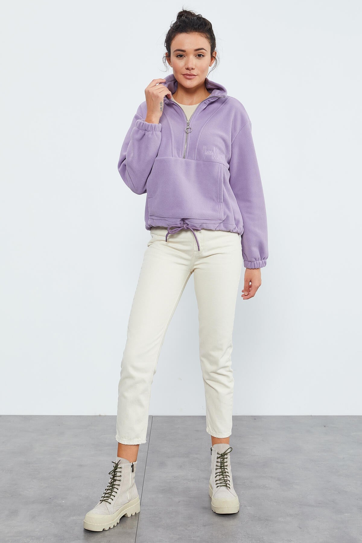 Eflatun Yarım Fermuar Etek Ucu Büzgülü Kadın Polar Oversize Sweatshirt - 97171