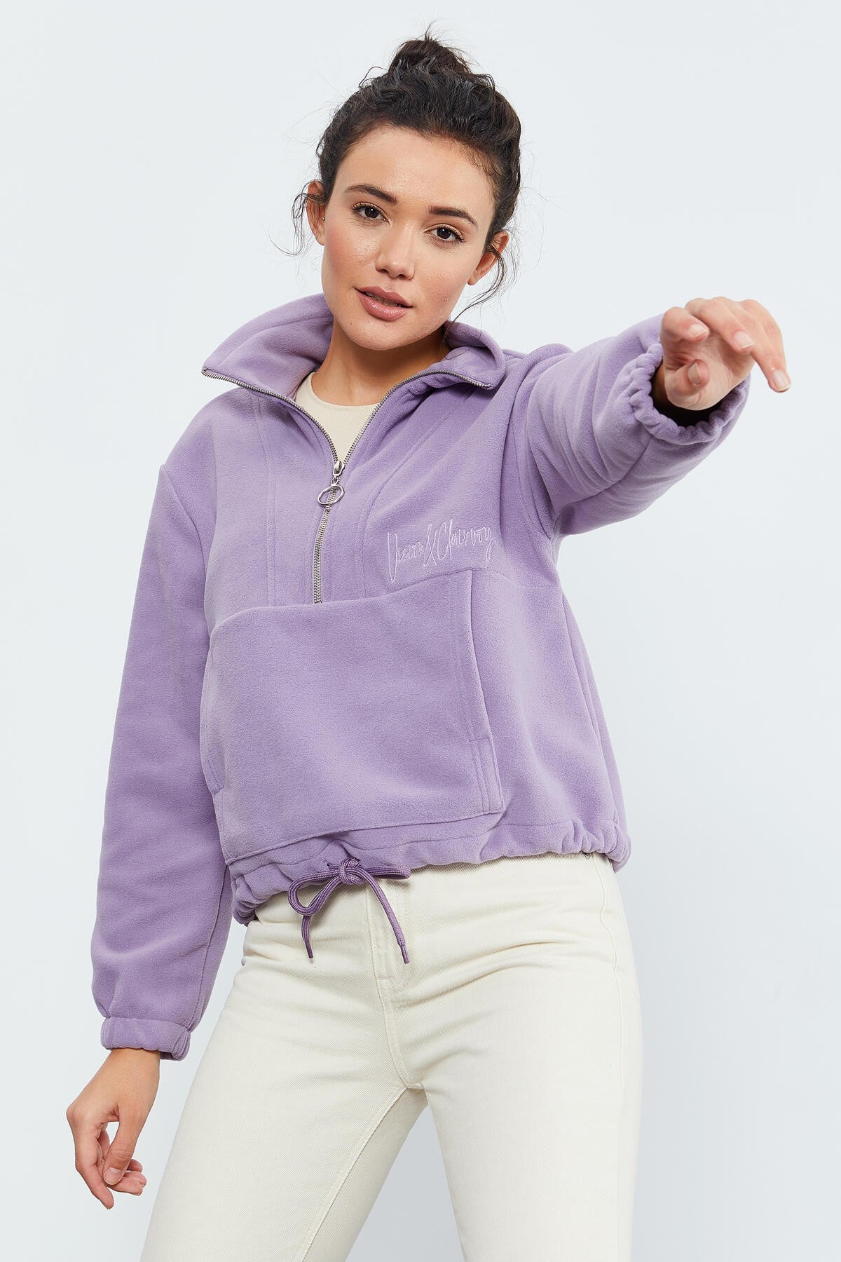 Eflatun Yarım Fermuar Etek Ucu Büzgülü Kadın Polar Oversize Sweatshirt - 97171
