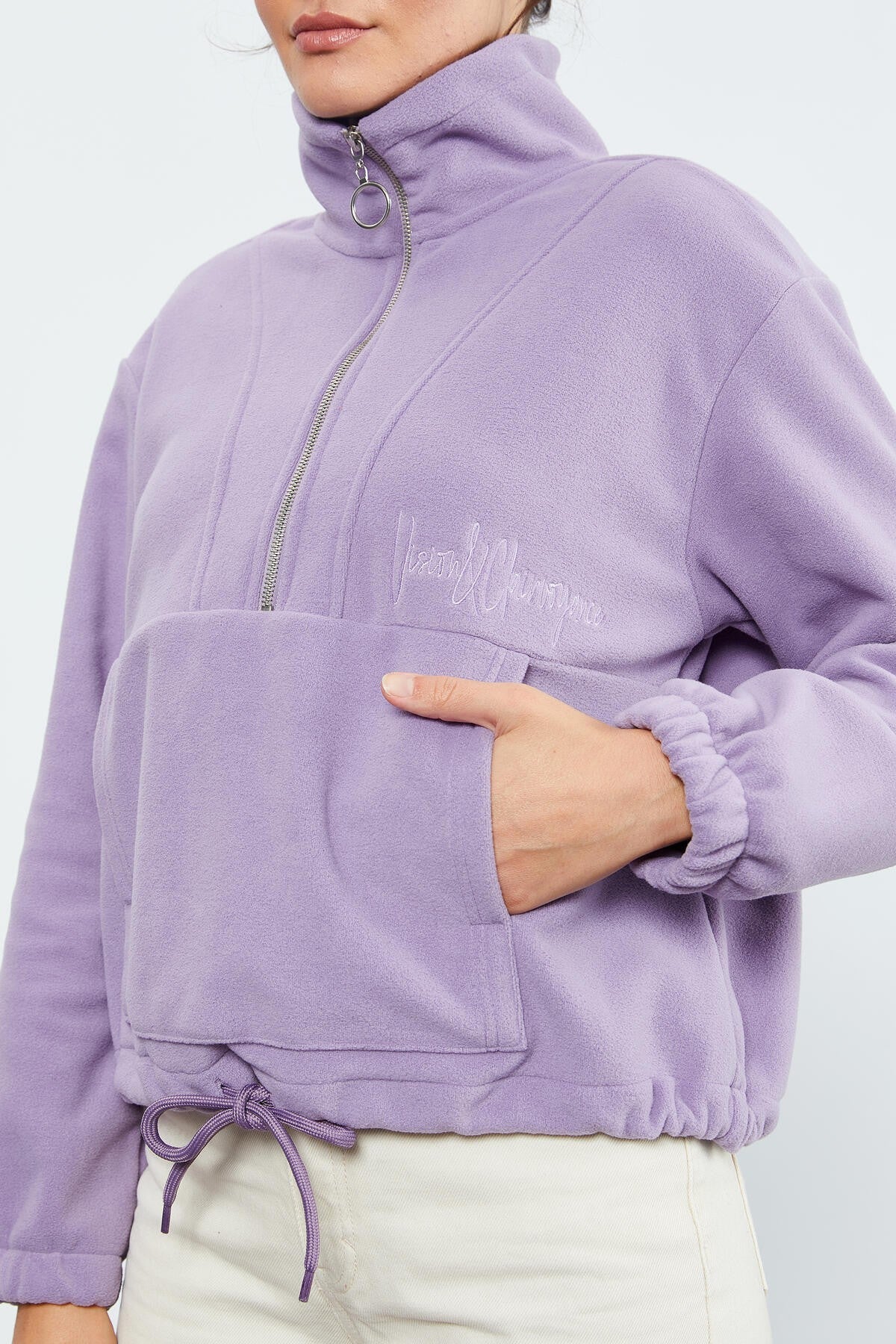 Eflatun Yarım Fermuar Etek Ucu Büzgülü Kadın Polar Oversize Sweatshirt - 97171