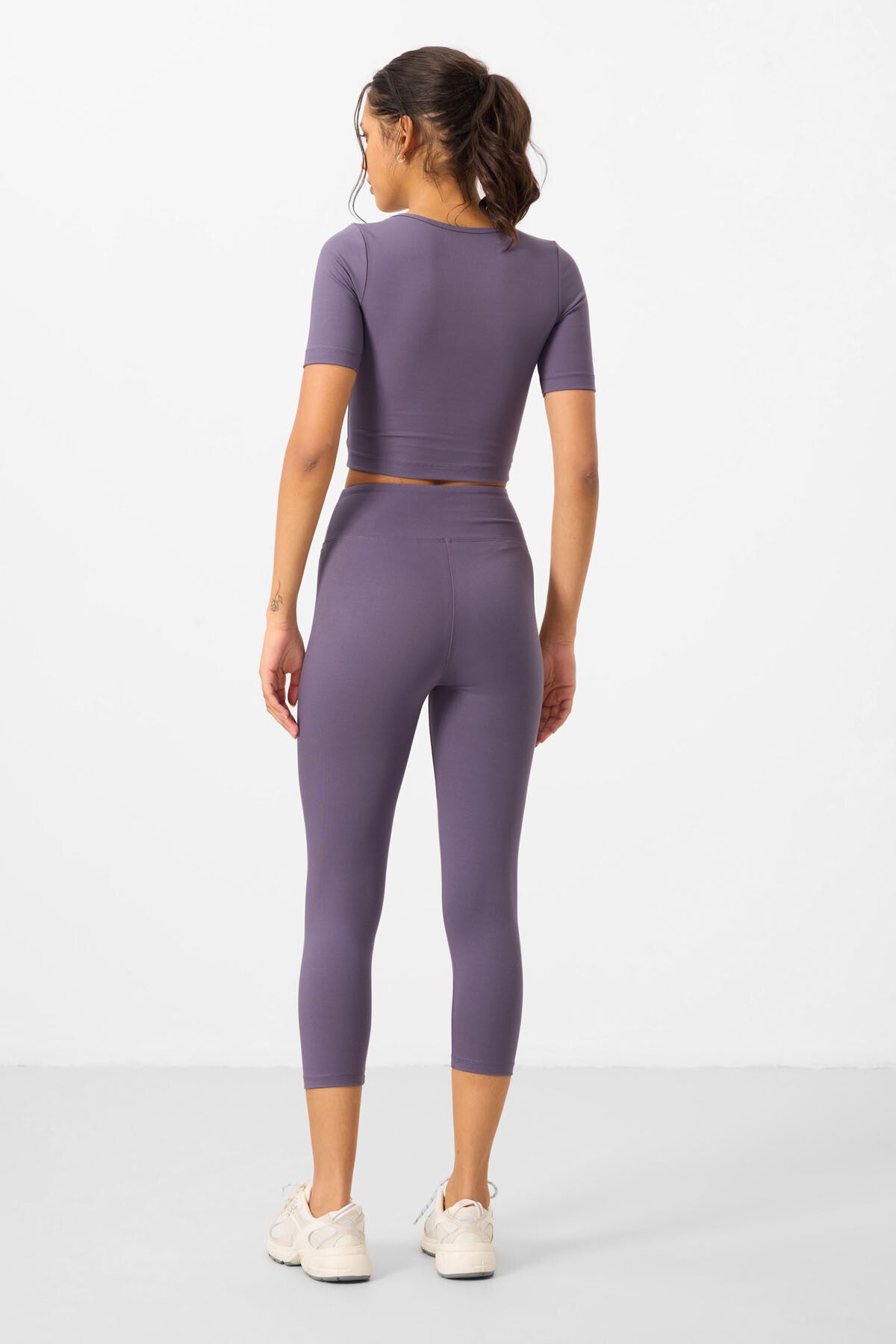 Eflatun Yüksek Bel Kapri-Crop T-Shirt Slim Fit Kadın Tayt Takım - 95285