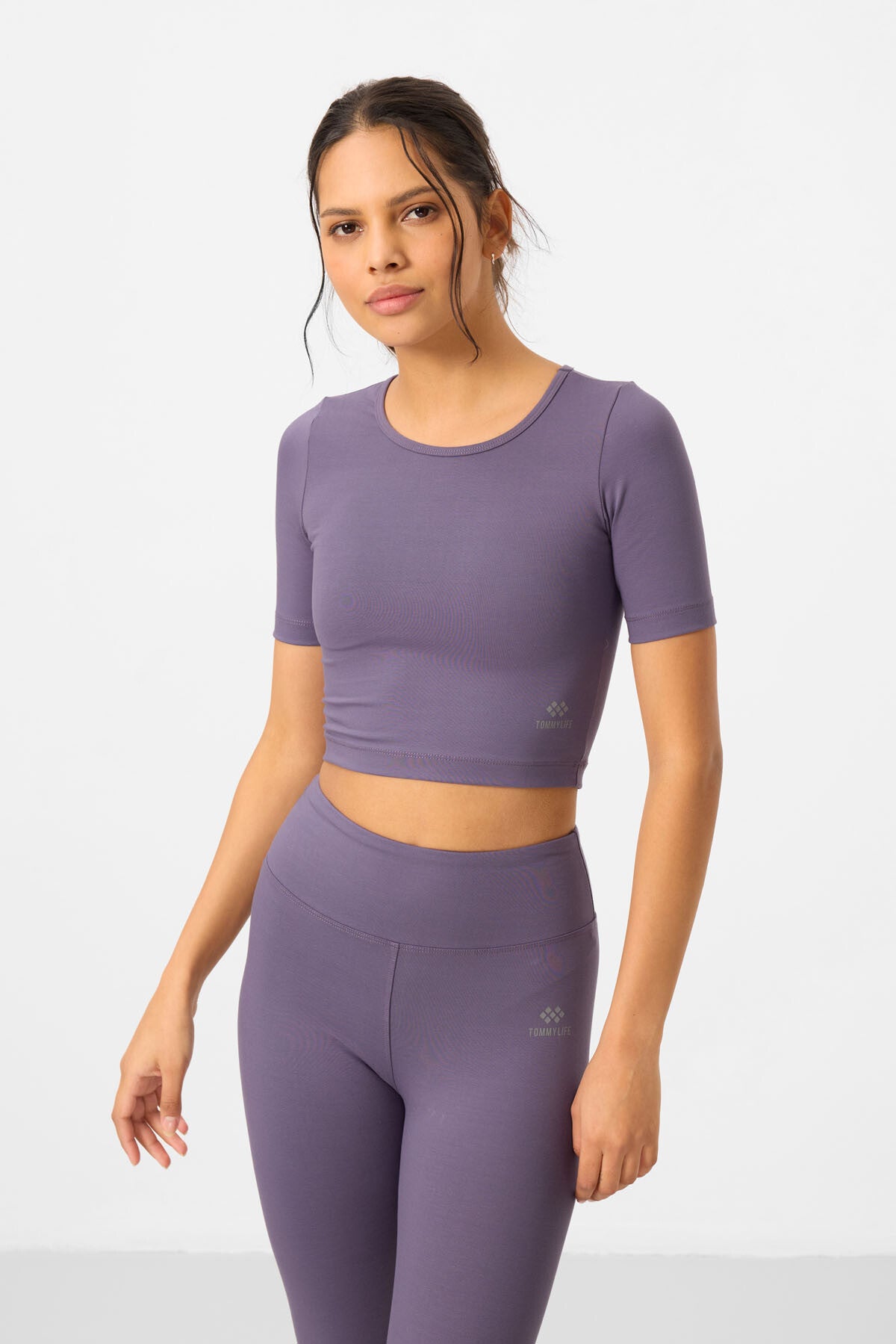 Eflatun Yüksek Bel Kapri-Crop T-Shirt Slim Fit Kadın Tayt Takım - 95285