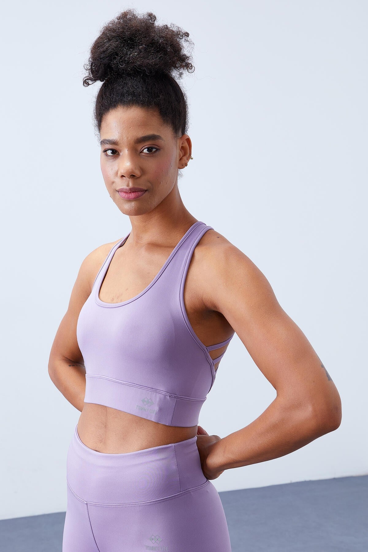 Eflatun Yüksek Bel Toparlayıcı Çapraz Sırt Detaylı Slim Fit Kadın Tayt Takım - 95283