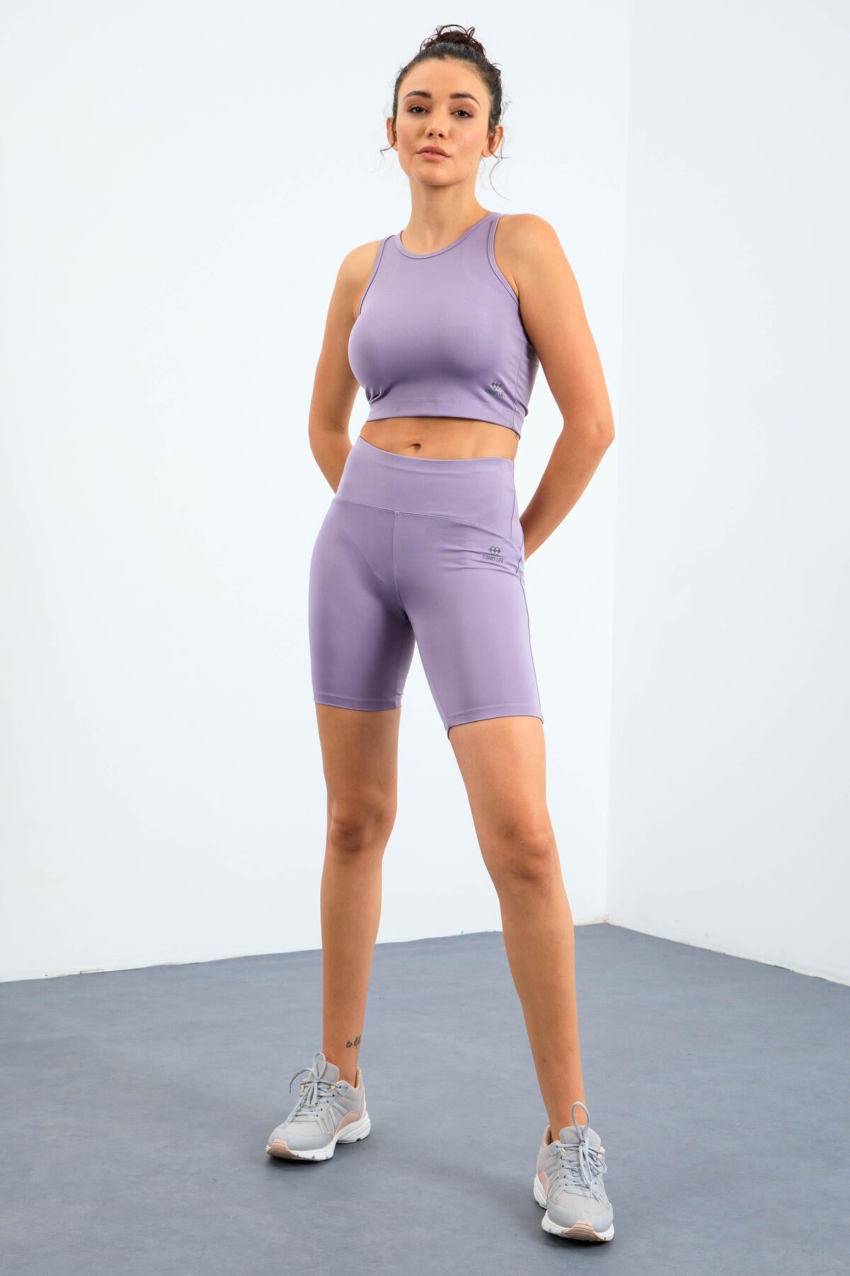 Eflatun Yüksek Bel Toparlayıcı Dar Kalıp Crop Biker Kadın Tayt Takım - 95302