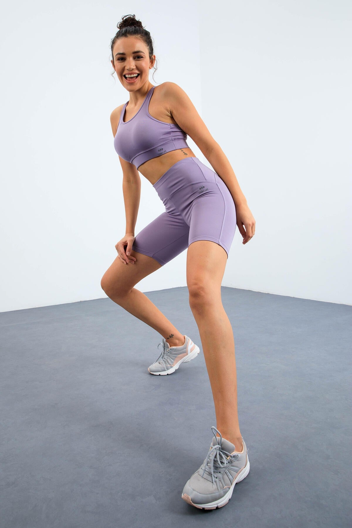 Eflatun Yüksek Bel Toparlayıcı Slim Fit Büstiyer Biker Kadın Tayt Takım - 95303