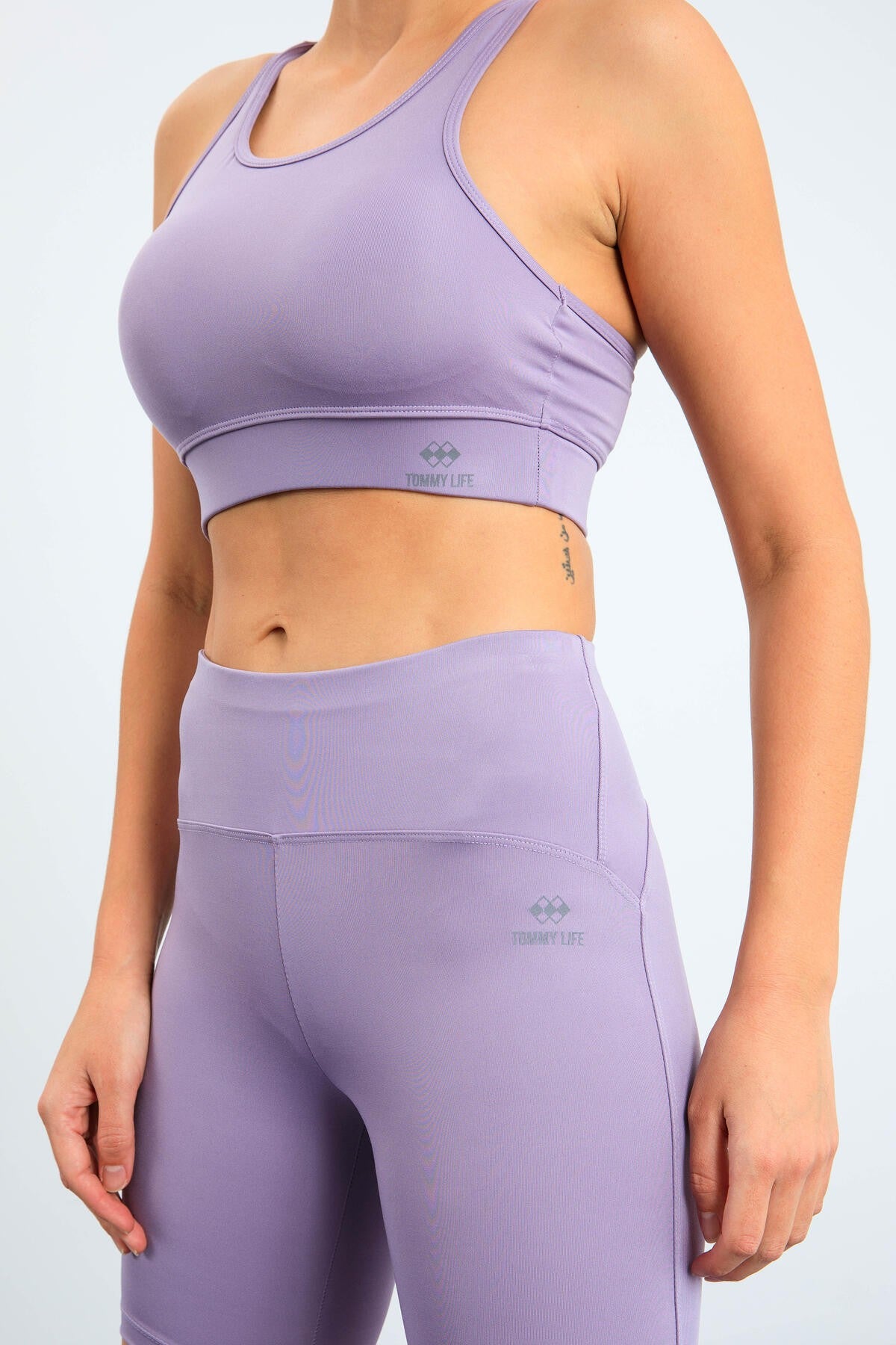 Eflatun Yüksek Bel Toparlayıcı Slim Fit Büstiyer Biker Kadın Tayt Takım - 95303