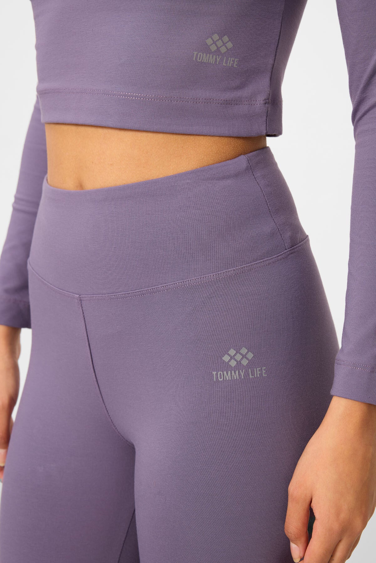 Eflatun Yüksek Bel Uzun Kollu Slim Fit Crop Top Kadın Tayt Takım - 95286