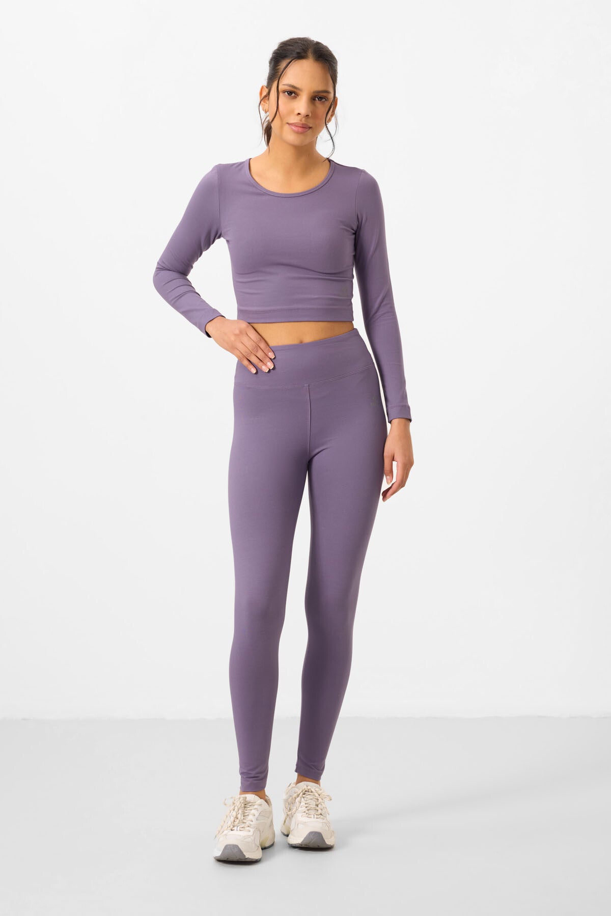 Eflatun Yüksek Bel Uzun Kollu Slim Fit Crop Top Kadın Tayt Takım - 95286