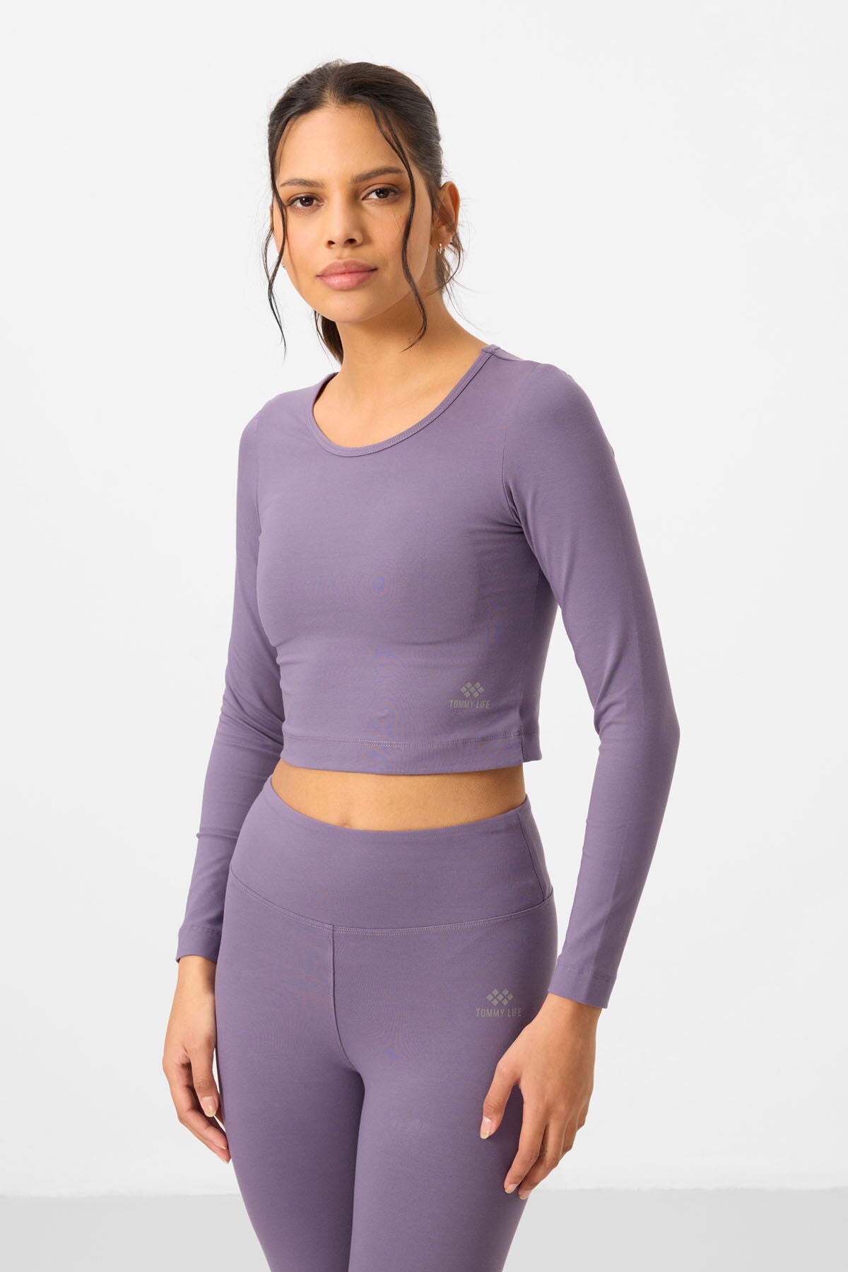 Eflatun Yüksek Bel Uzun Kollu Slim Fit Crop Top Kadın Tayt Takım - 95286