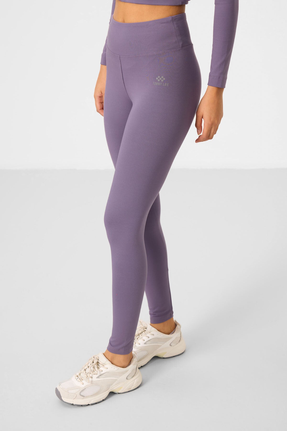 Eflatun Yüksek Bel Uzun Kollu Slim Fit Crop Top Kadın Tayt Takım - 95286