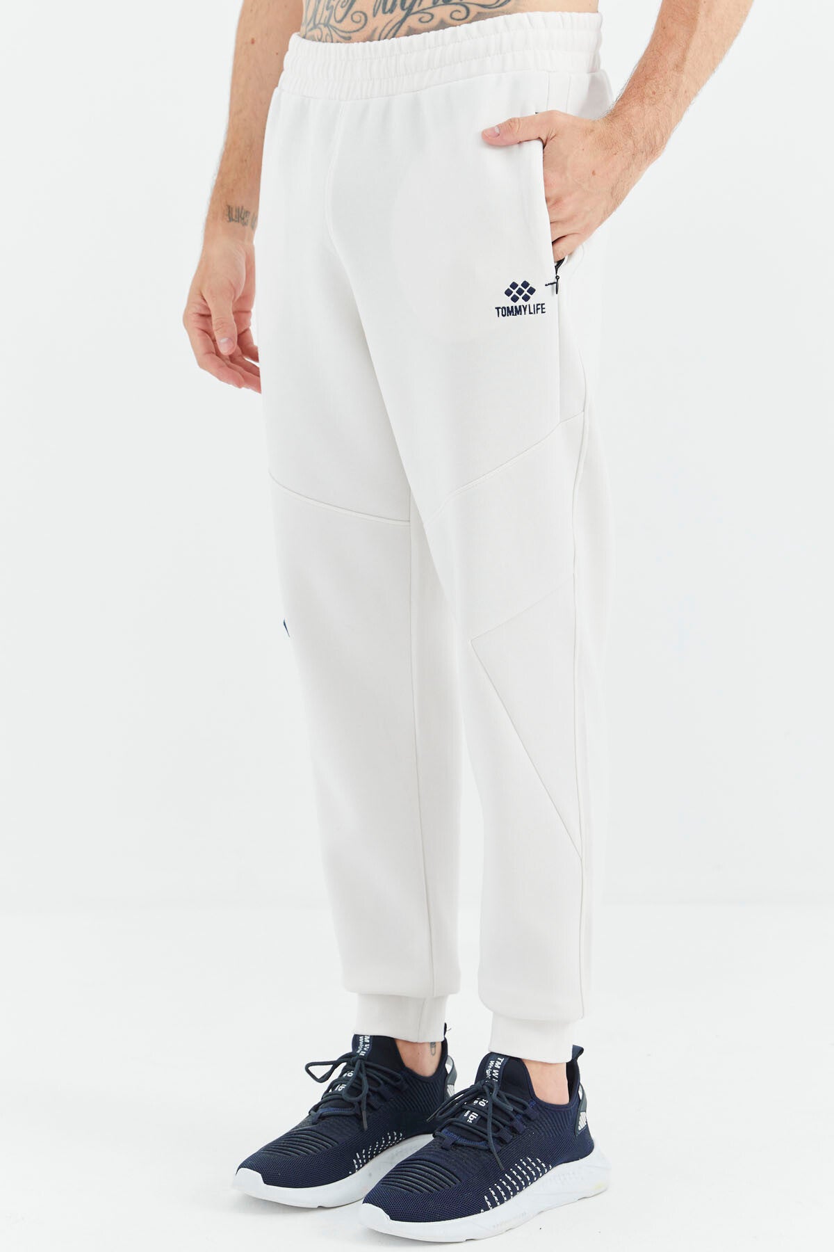 Ekru Bağcıklı Şerit Detaylı Rahat Kalıp Erkek Eşofman Alt - 82100