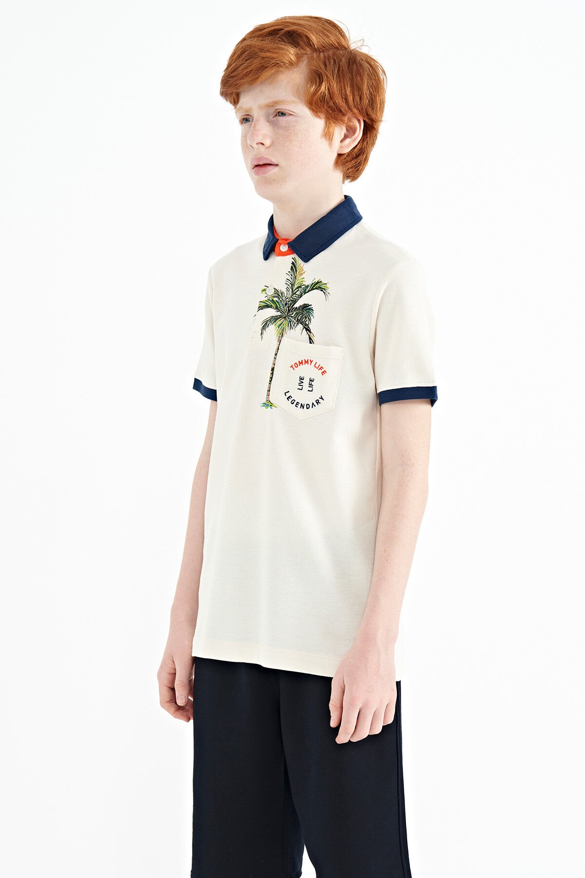Ekru Baskılı Cep Detaylı Standart Kalıp Polo Yaka Erkek Çocuk T-Shirt - 11144