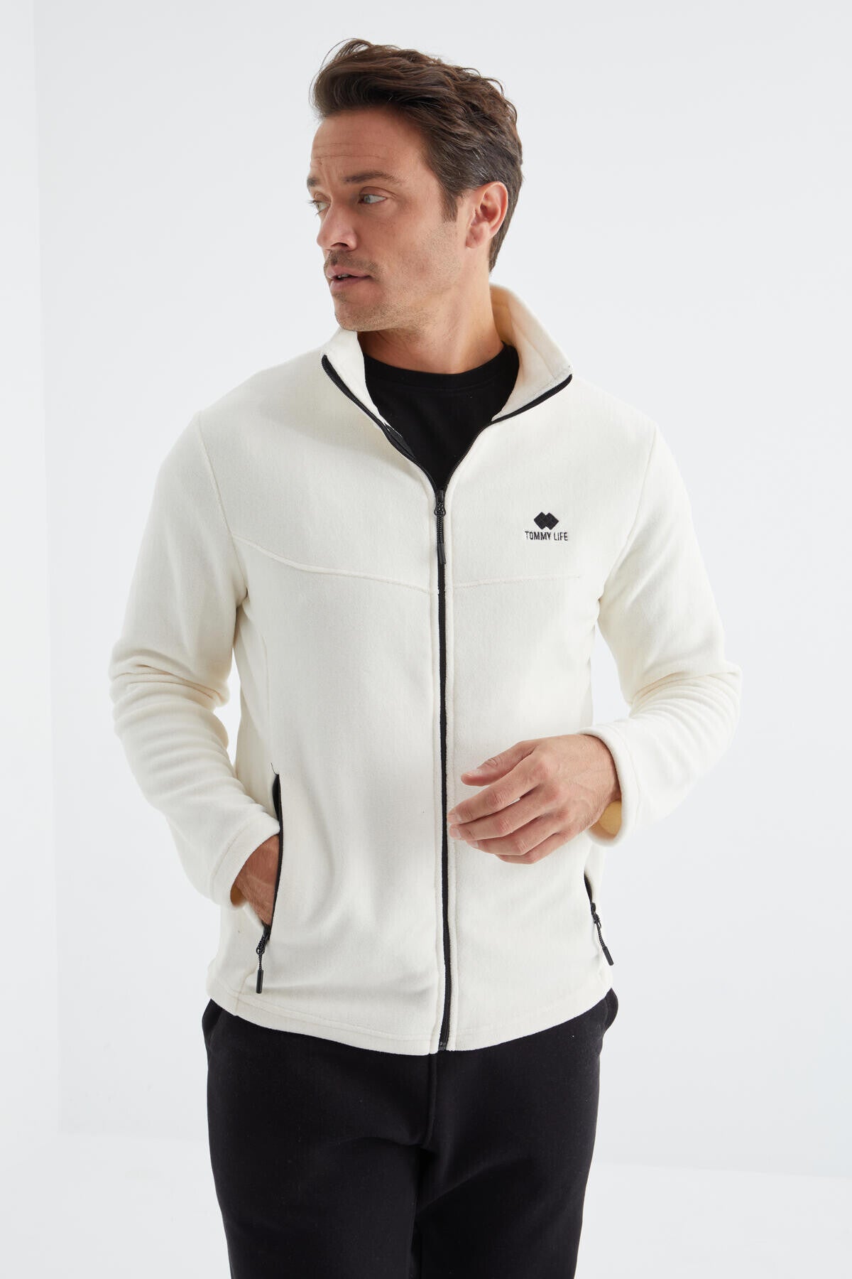 Ekru Fermuarlı Dik Yaka Standart Kalıp Erkek Polar Sweatshirt - 88134