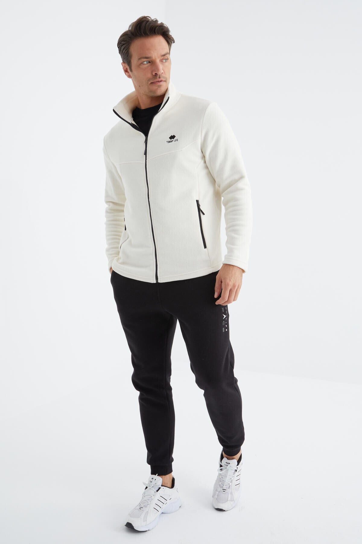 Ekru Fermuarlı Dik Yaka Standart Kalıp Erkek Polar Sweatshirt - 88134