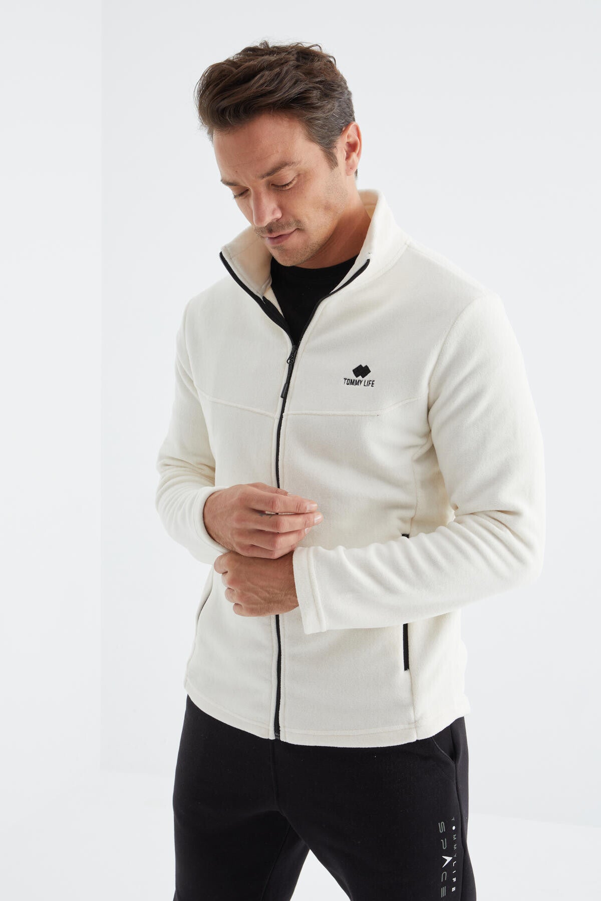 Ekru Fermuarlı Dik Yaka Standart Kalıp Erkek Polar Sweatshirt - 88134