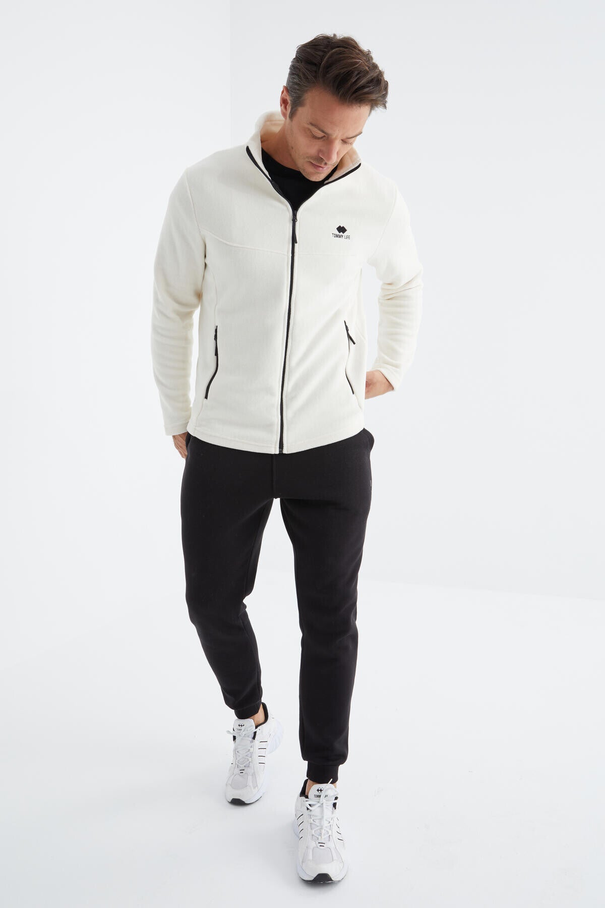 Ekru Fermuarlı Dik Yaka Standart Kalıp Erkek Polar Sweatshirt - 88134