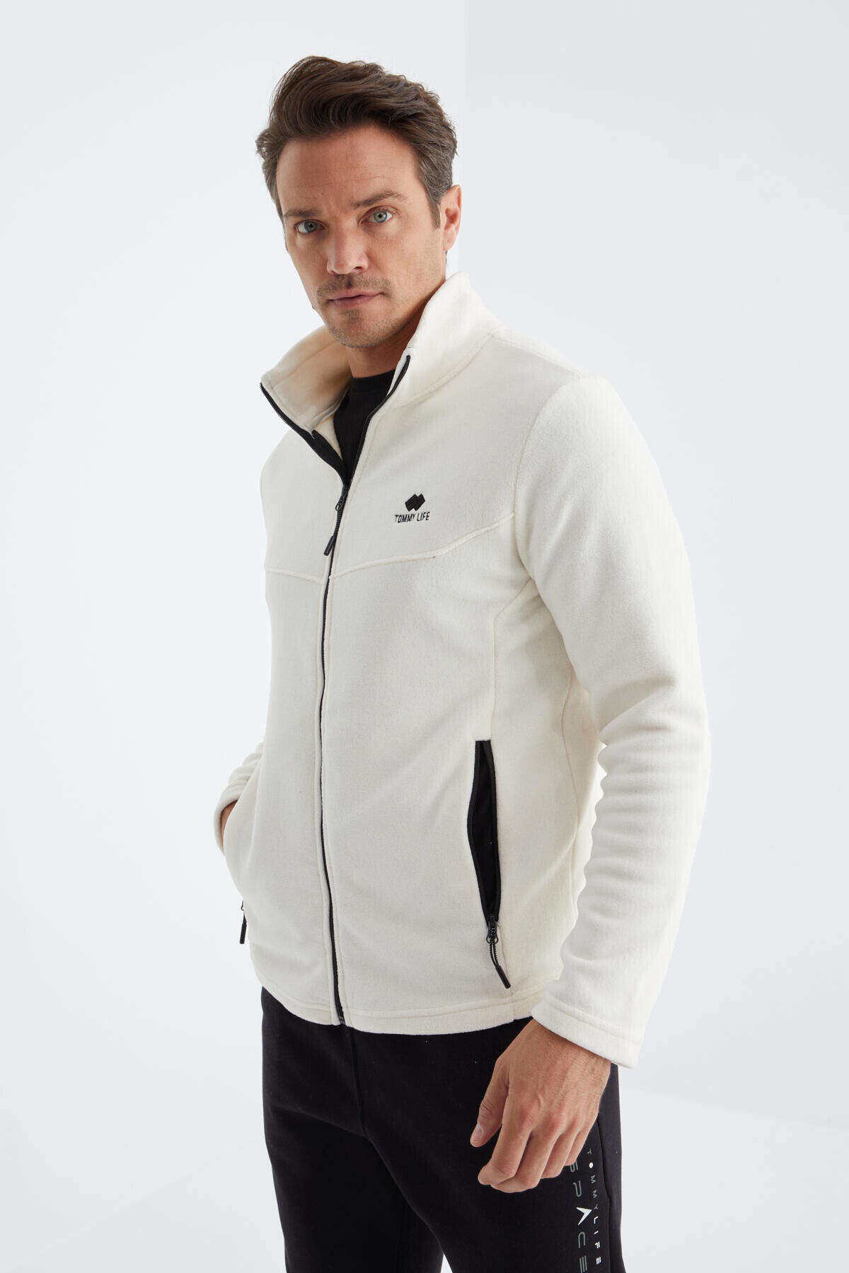 Ekru Fermuarlı Dik Yaka Standart Kalıp Erkek Polar Sweatshirt - 88134