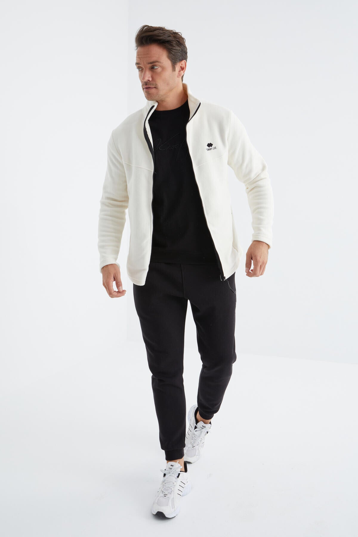 Ekru Fermuarlı Dik Yaka Standart Kalıp Erkek Polar Sweatshirt - 88134