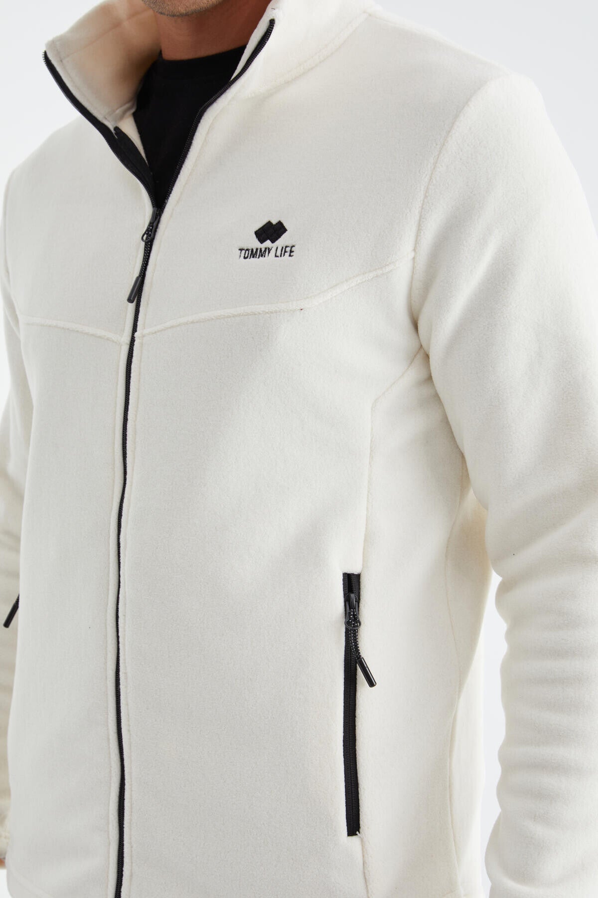 Ekru Fermuarlı Dik Yaka Standart Kalıp Erkek Polar Sweatshirt - 88134