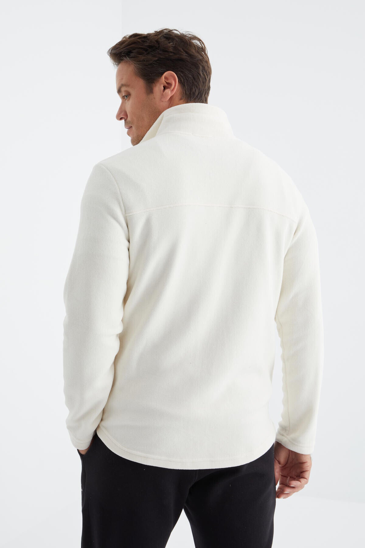 Ekru Fermuarlı Dik Yaka Standart Kalıp Erkek Polar Sweatshirt - 88134